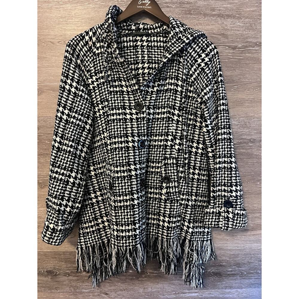 For Cynthia jacket Fringe Sz M Houndstooth Hooded Pockets Black White Classic